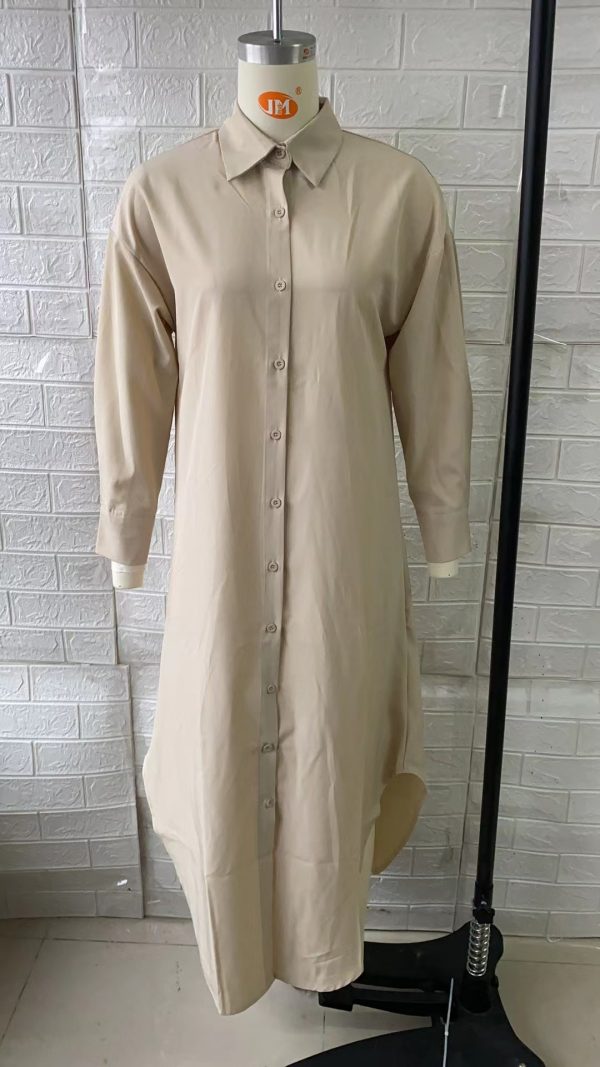 Solid Color Drop Shoulder Shirt Dress - Curved Hem, No Belt - Image 3