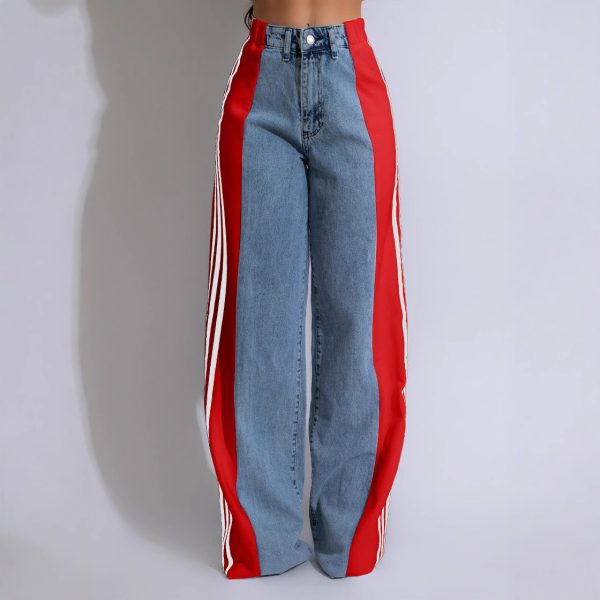 Ladies Loose Stitching Three Stripes Wide-Leg Casual Straight-Leg Denim Trousers