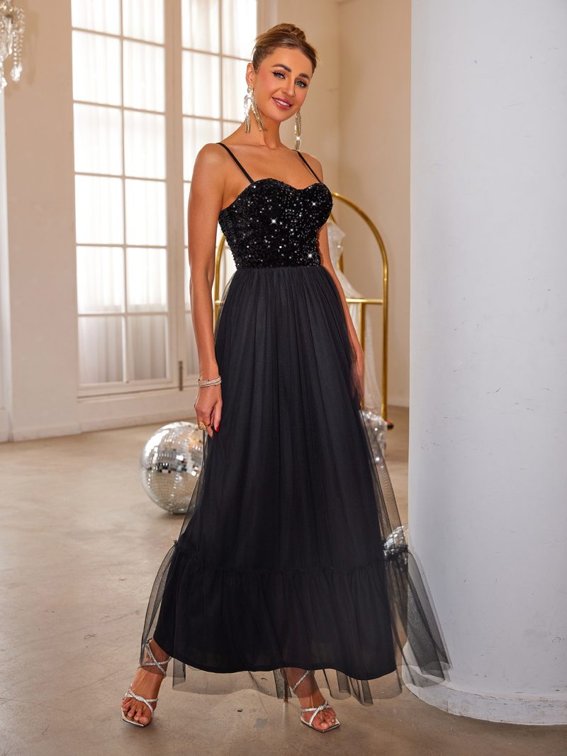 Women’s Sexy Sling Solid Color Sequin Mesh Dress - Party Gown - Image 2