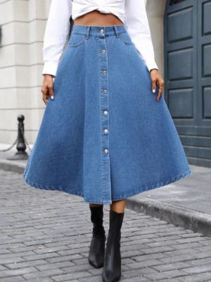 Elegant High-Waist Big Swing Denim Skirt for Women