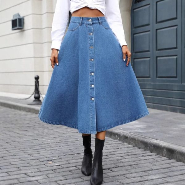 Elegant High-Waist Big Swing Denim Skirt for Women