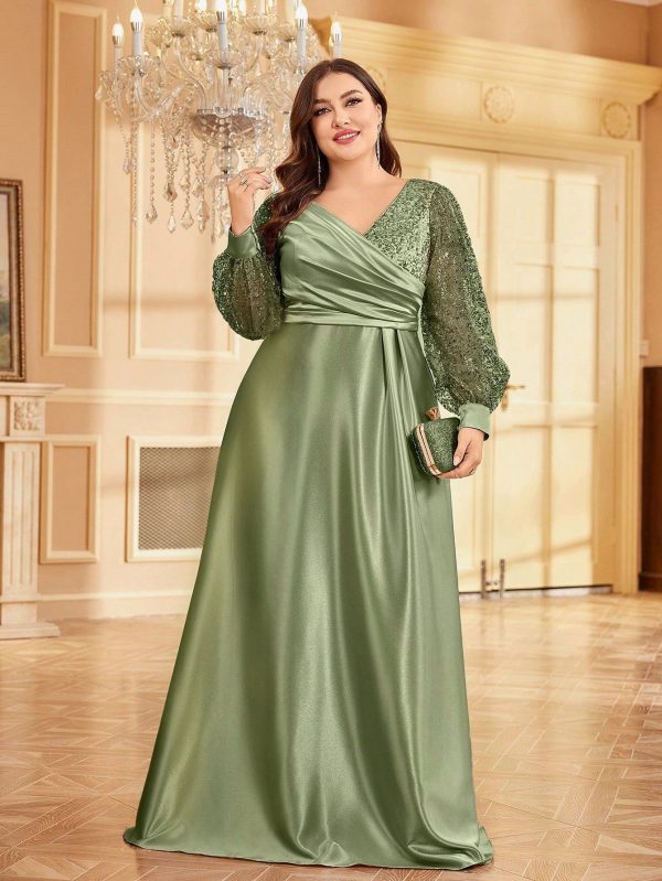 Plus Size Satin V-Neck Long Sleeve Sequin Maxi Evening Dress - Image 2