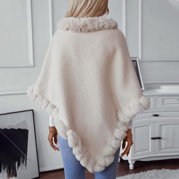 Solid Color Fur Collar Plaid Knitted Cape Sweater for Women - Image 2