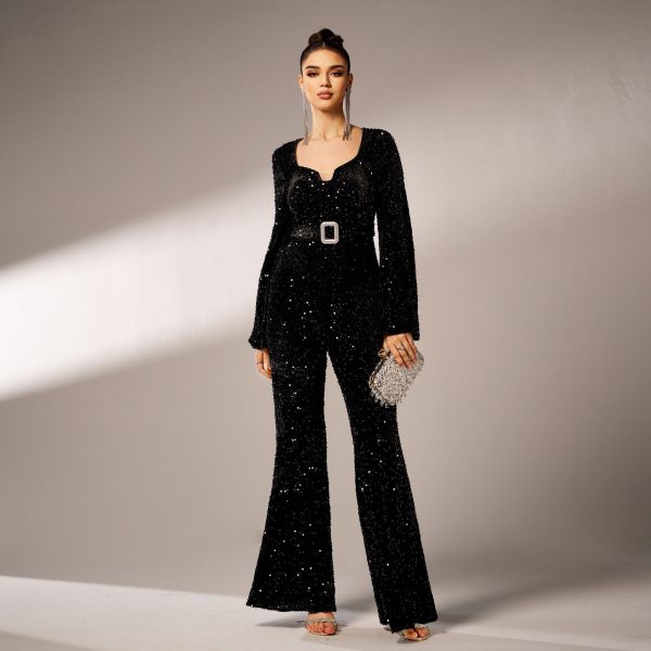 Advanced Long Sleeve Square Neck Slim Fit Sheath Cocktail Sequined Evening Dress Jumpsuit