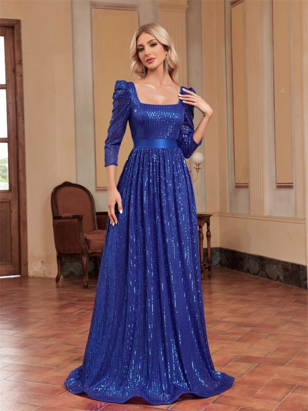 Women’s Sequin Blue Long Sleeved Evening Dress - Image 2