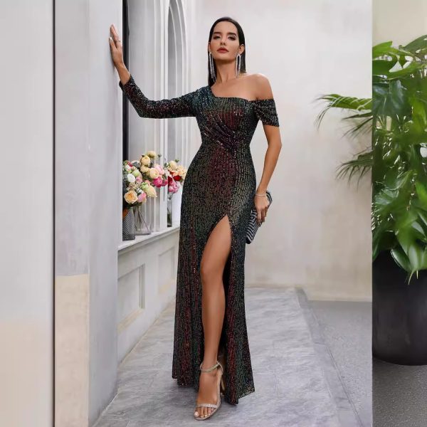 Popular Women Sexy Sequined High Slit Oblique Collar Evening Dress - Image 3