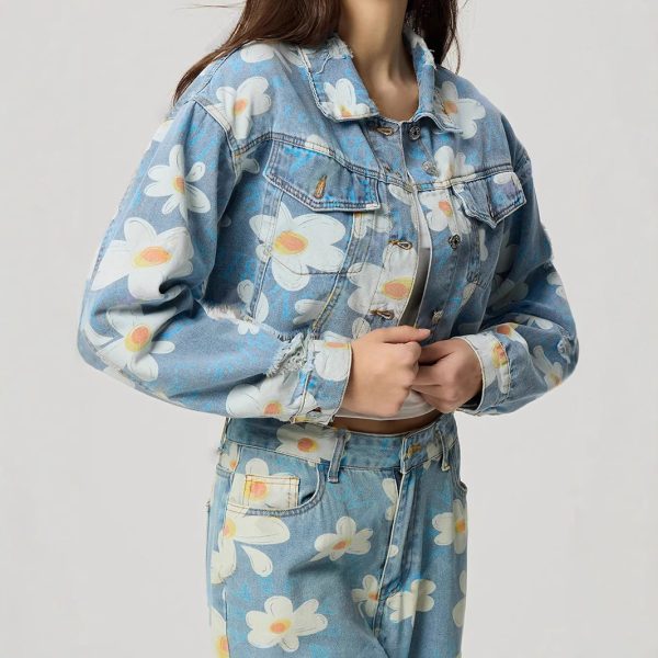 Floral Print All-Match Short Denim Coat for Women - Image 2