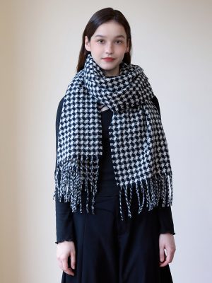 Women’s Cashmere Houndstooth Plaid Scarf with Tassels – Winter Thermal