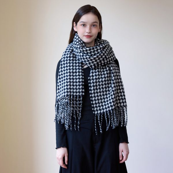 Women’s Cashmere Houndstooth Plaid Scarf with Tassels - Winter Thermal