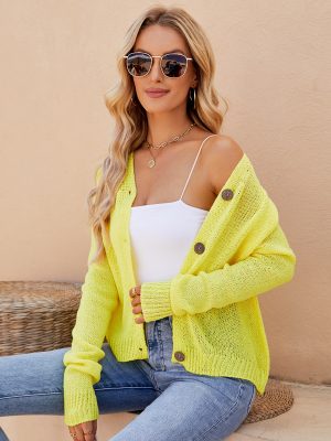 Spring Summer Casual Raglan Sleeve V Neck Fluorescent Powder Knitted Cardigan for Women