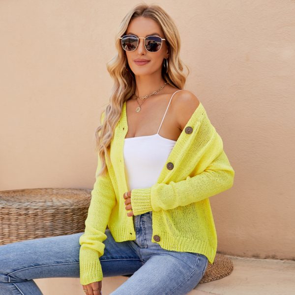 Spring Summer Casual Raglan Sleeve V Neck Fluorescent Powder Knitted Cardigan for Women