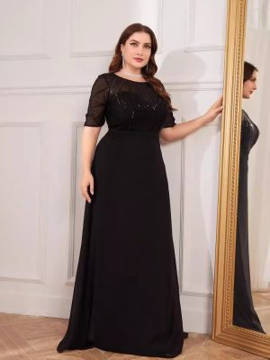 Plus Size Short Sleeve Sequin Chiffon Maxi Fishtail Bridesmaid Cocktail Evening Dress