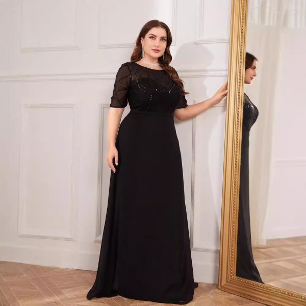 Plus Size Short Sleeve Sequin Chiffon Maxi Fishtail Bridesmaid Cocktail Evening Dress