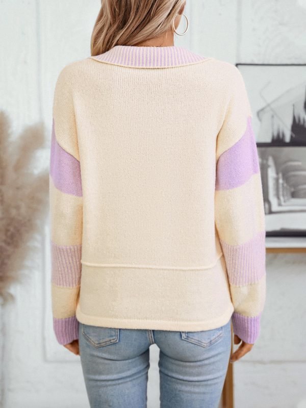 Striped Polo Collar Loose Knit Sweater for Women - Image 2