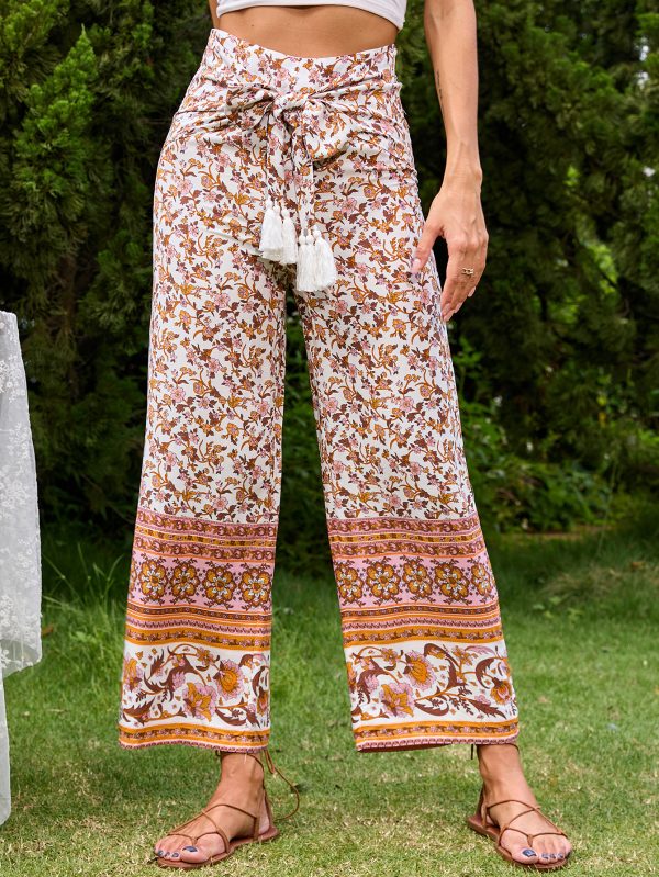 Women’s Printed Wide-Leg Pants with Rope Belt - Image 2