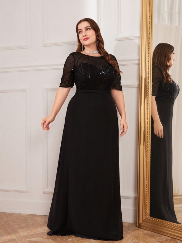 Plus Size Short Sleeve Sequin Chiffon Maxi Fishtail Bridesmaid Cocktail Evening Dress - Image 2