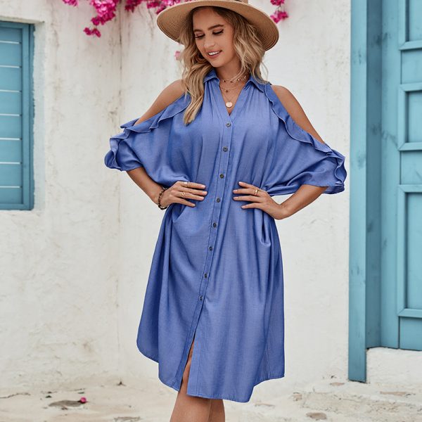 Solid Color Button Off-Shoulder Short Sleeve Loose Dress for Women