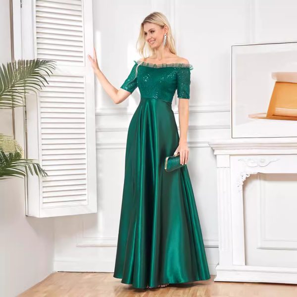 Off-Shoulder Sequin Fishtail Satin Dress - Cocktail Gown - Image 4