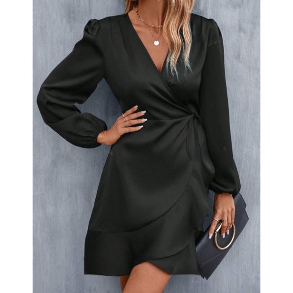 V-Neck Satin Waist-Tight Low Cut Casual Midi Dress for Women