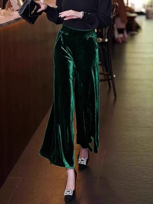 Fall Winter Gold Velvet Bell Bottom Wide Leg Casual Pants