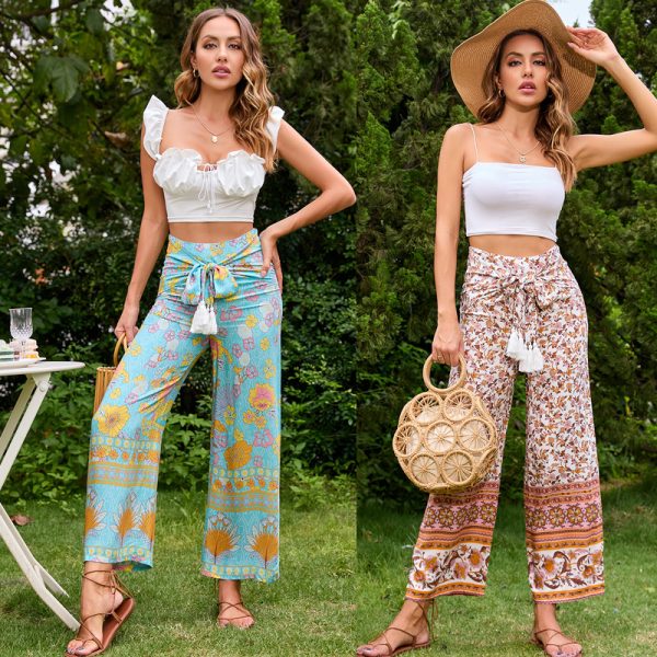 Women’s Printed Wide-Leg Pants with Rope Belt - Image 4