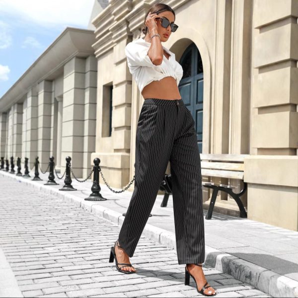 Casual Striped Wide-Leg Straight-Leg Trousers for Women