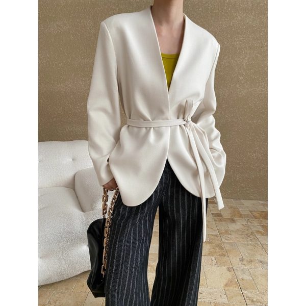 Old Money Collarless Lace-Up Waist Tight Blazer