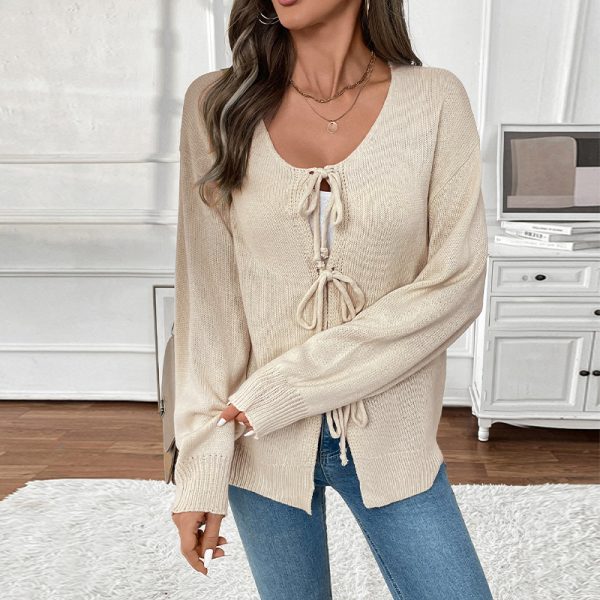 Women’s Lace-Up Crew Neck Solid Color Cardigan Sweater Coat