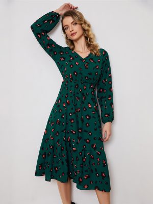 Holiday A-Line V-Neck Printed Long Sleeve Dress