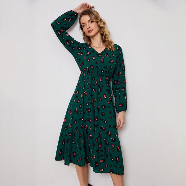 Holiday A-Line V-Neck Printed Long Sleeve Dress