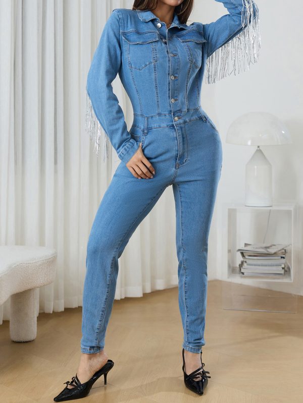 Women’s Tassel Long Sleeve Denim Jumpsuit for Chic Casual Style - Image 2