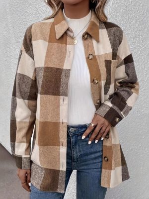 Women’s Brushed Plaid Single-Breasted Cardigan Shirt