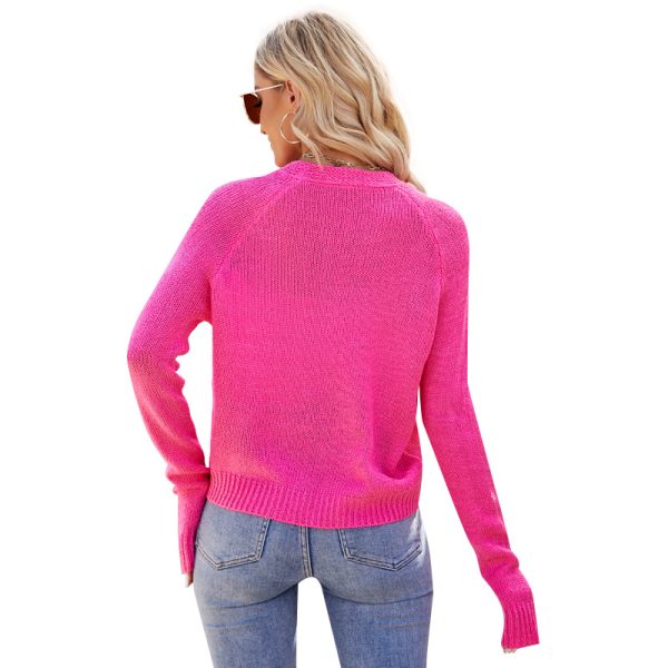 Spring Summer Casual Raglan Sleeve V Neck Fluorescent Powder Knitted Cardigan for Women - Image 5