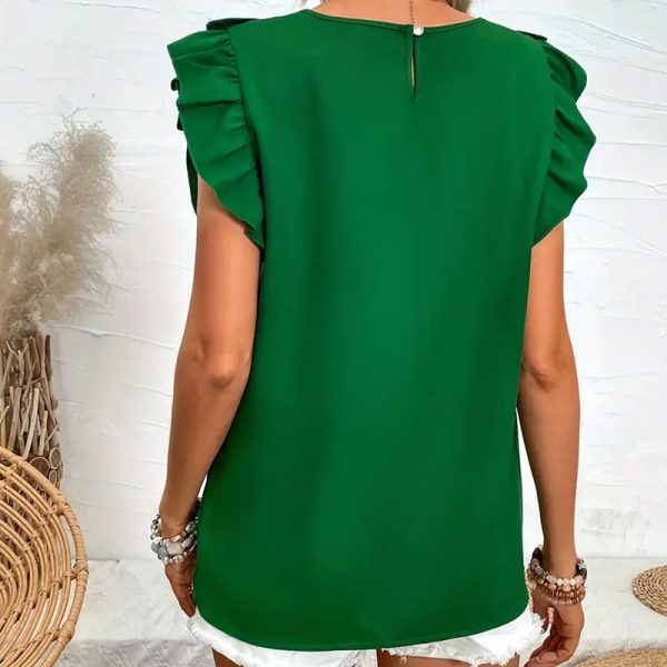 Round Neck Ruffled Sleeveless Flying Sleeves T-Shirt - Image 3