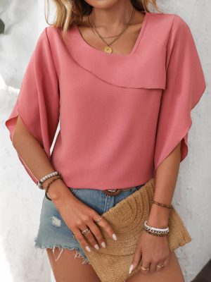 Summer Women’s Casual Oblique V-Neck Chiffon Top with Puffed Sleeves