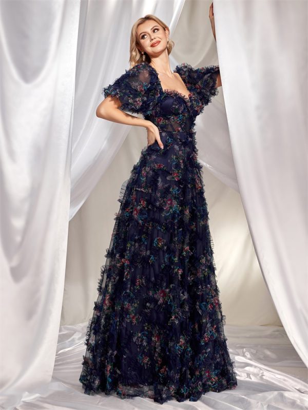 Floral U-Neck Slim Fit Evening Dress - Cocktail & Party Wear - Image 3