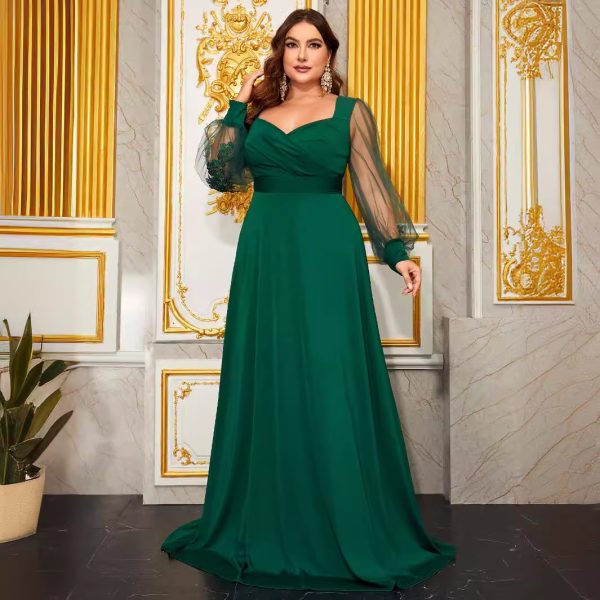 Plus Size Diamond Collar Embroidered Mesh Backless Evening Dress - Image 3