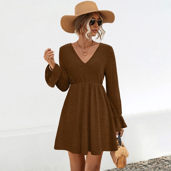 Knitted V-Neck Flounce Long Sleeve Dress for Women - Image 2