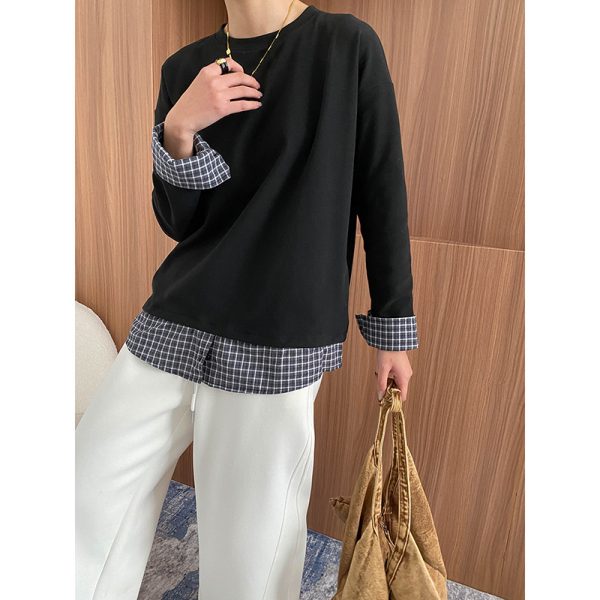 Early Spring Plaid Stitching Faux Two-Piece Loose T-Shirt