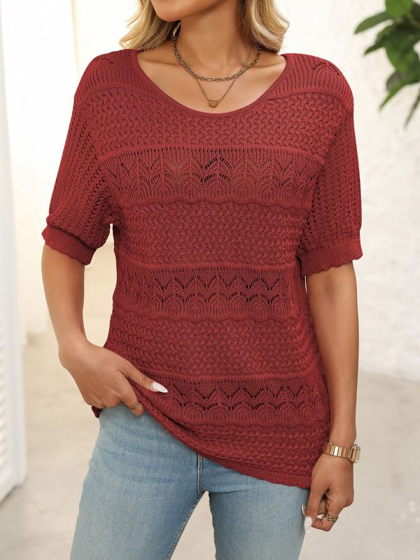 Women’s Round Neck Hollow-Out Knitted Crocheted Sweater Top with Short Sleeves - Image 2