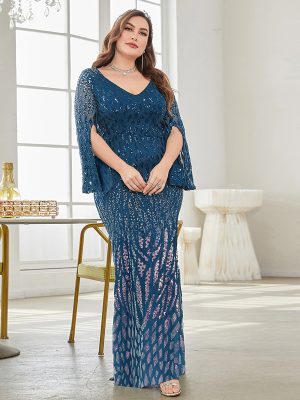 Plus Size Long Sleeve Deep V Plunge Fishtail Evening Dress