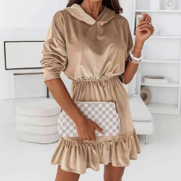 Winter Popular Gold Velvet Casual Hooded Dress for Women