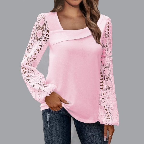 Women Clothing Spring Autumn Elegant Lace Stitching Sweater Al Matching Top - Image 2