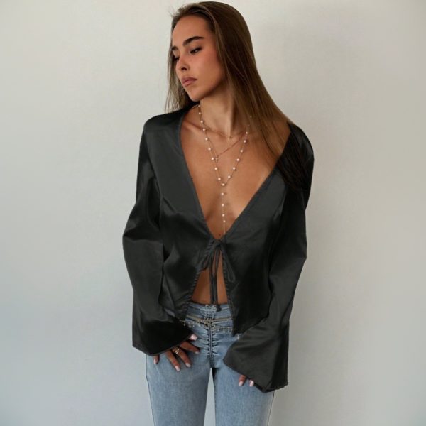 Women’s Sexy Lace-Up Satin Cardigan T-Shirt for Autumn and Winter - Image 2