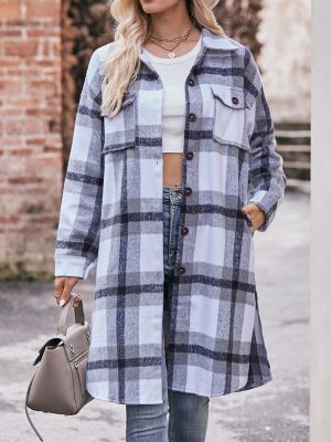 Women’s Autumn Winter Casual Flannel Plaid Shirt Long Coat