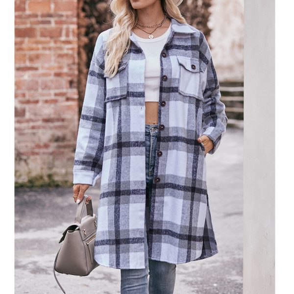 Women’s Autumn Winter Casual Flannel Plaid Shirt Long Coat