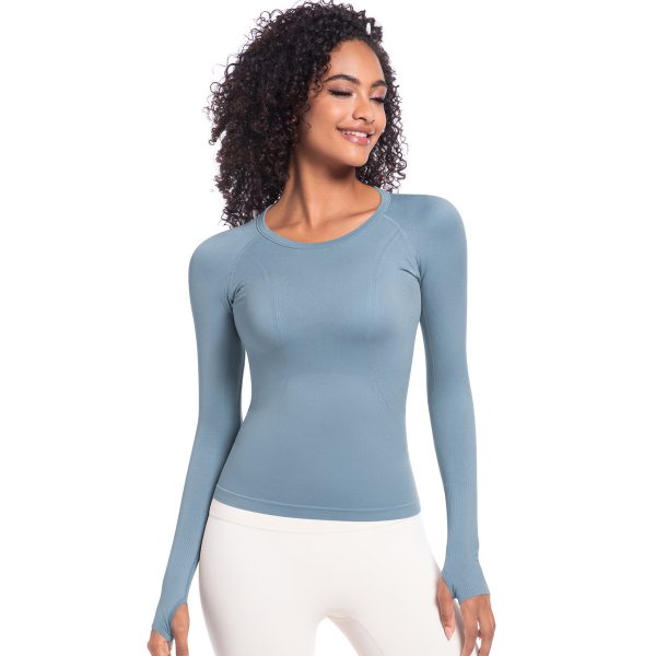 Women’s Long Sleeve Round Neck Exercise T-Shirt, Skin-Friendly Slim Breathable Running & Yoga Top