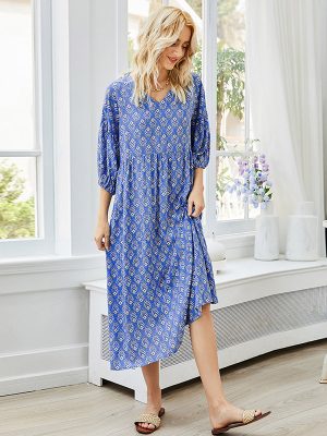 Summer Blue Printed Half-Sleeve Shirt Dress – Office Chic