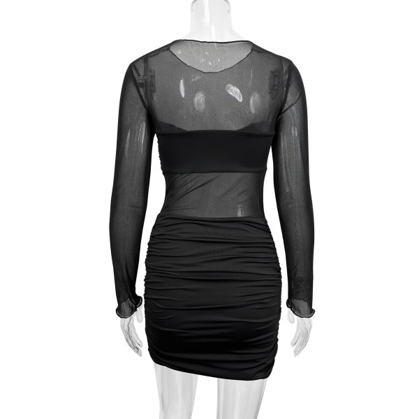 Sexy Mesh Splicing Pleated Long Sleeve Bodycon Dress - Image 3