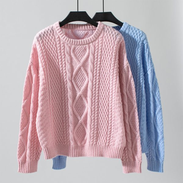 Solid Color Cable Knit Loose Pullover Sweater for Women - Image 3